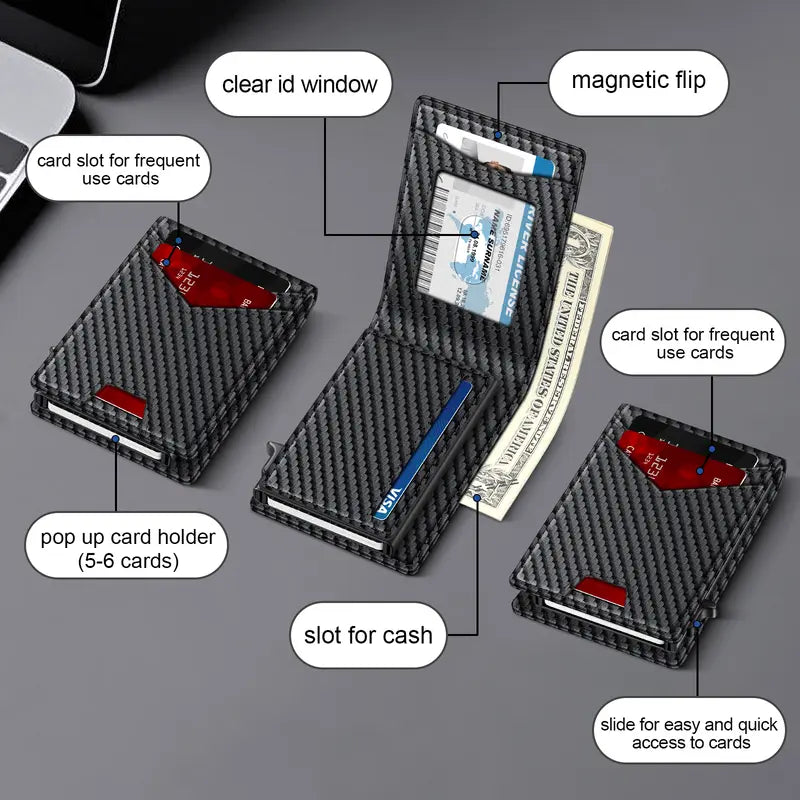 Smart Pop-Up Minimalist Slim Wallet with Cash Clip & RFID Protection